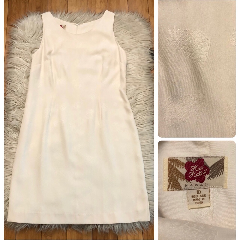 Vintage Hilo Hattie 100% Silk Pineapple Textured Cream Sheath Mini Dress size 10